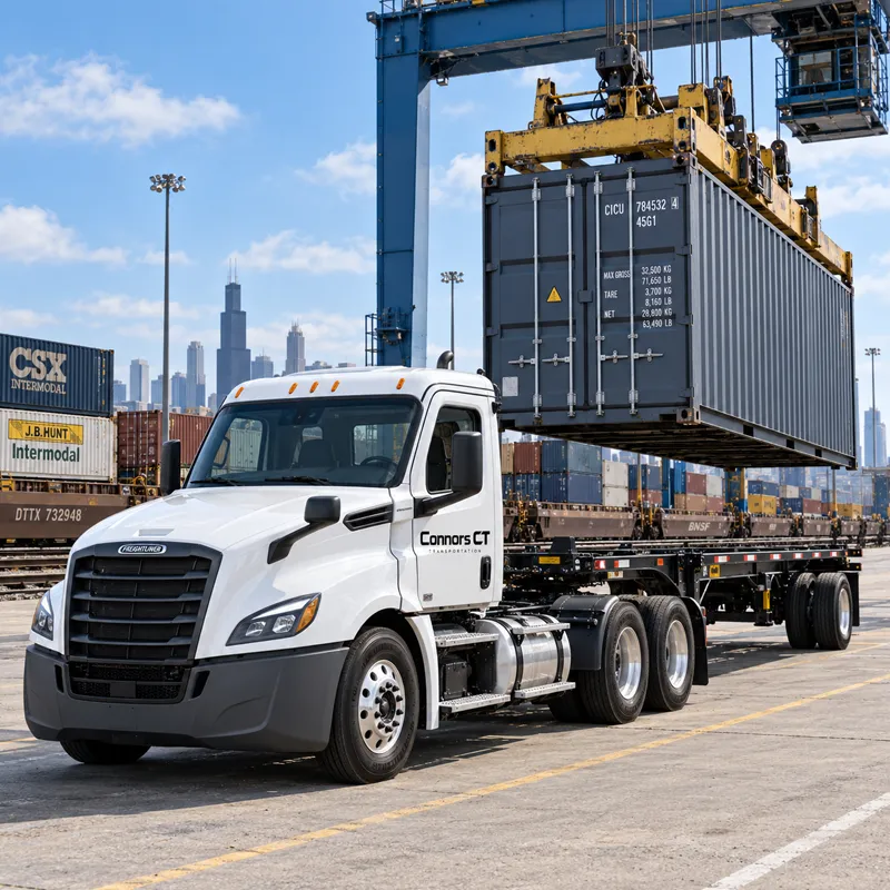 Intermodal shipping container on flatbed at rail terminal